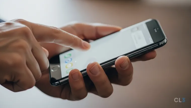 Close das mãos de uma pessoa segurando um celular na horizontal e tocando a tela com o indicador, com a página de busca do Google aberta e o logotipo colorido visível