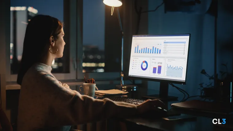 Profissional de marketing analisando painéis de dados na tela do computador em escritório escuro à noite