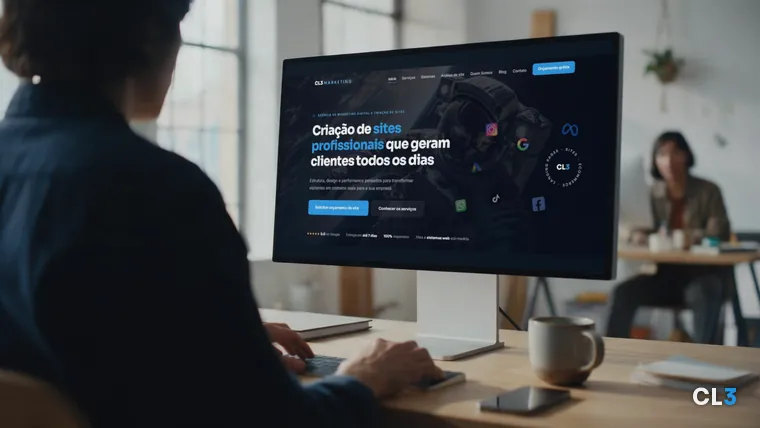Profissional de costas digitando em um escritório iluminado, com o site da CL3 aberto no monitor à frente e uma colega trabalhando ao fundo