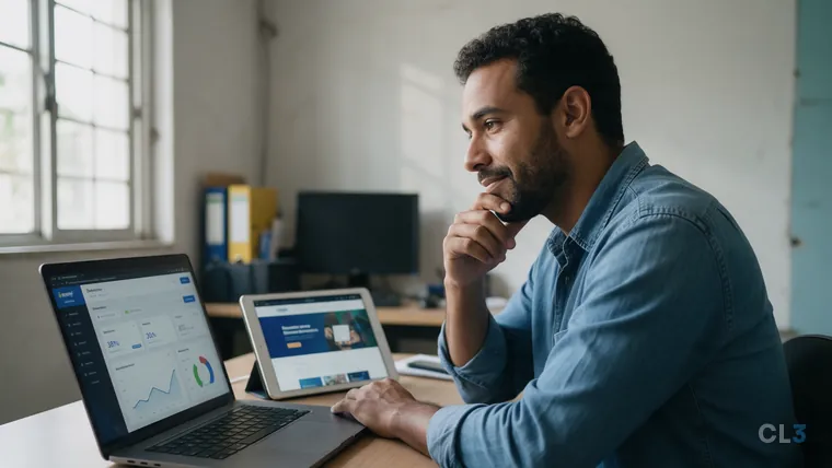 Dono de empresa pensativo entre um notebook com um painel de anúncios e um tablet com o site da empresa