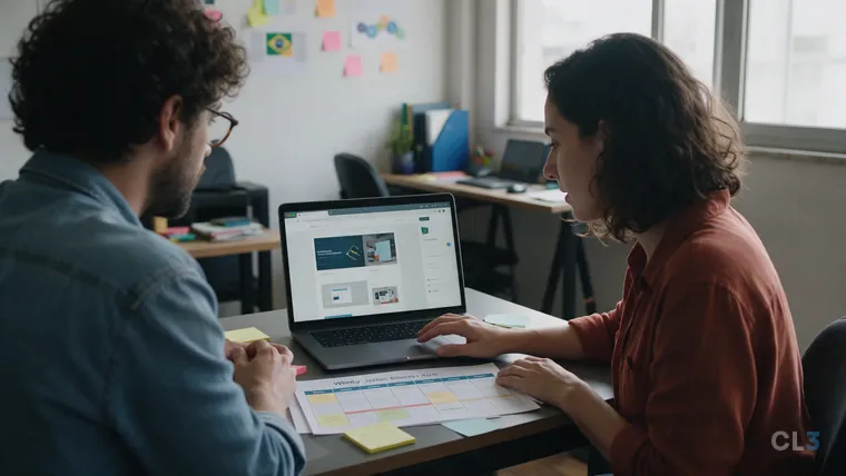 Duas pessoas conferindo o protótipo de um site num notebook, com um cronograma impresso e bilhetes sobre a mesa