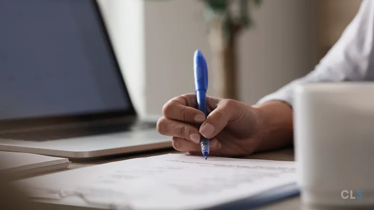 Mão de uma pessoa com caneta azul assinando um contrato impresso sobre a mesa, ao lado de um notebook e de uma xícara