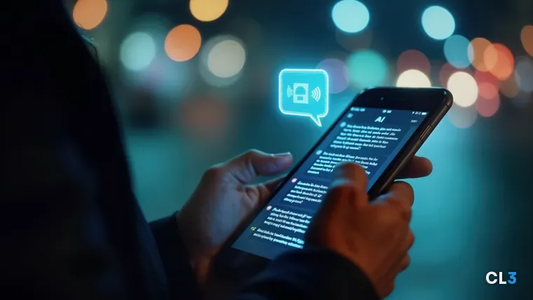 Mãos segurando um celular à noite com uma resposta de assistente de IA brilhando na tela, diante de luzes desfocadas da cidade