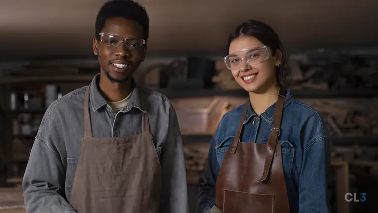 Artesãos sorrindo na oficina, em retrato de equipe
