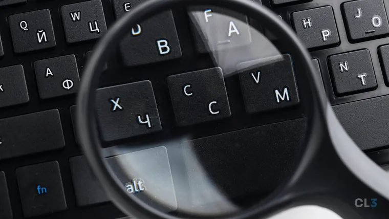 Lupa apoiada sobre um teclado preto de computador, em close
