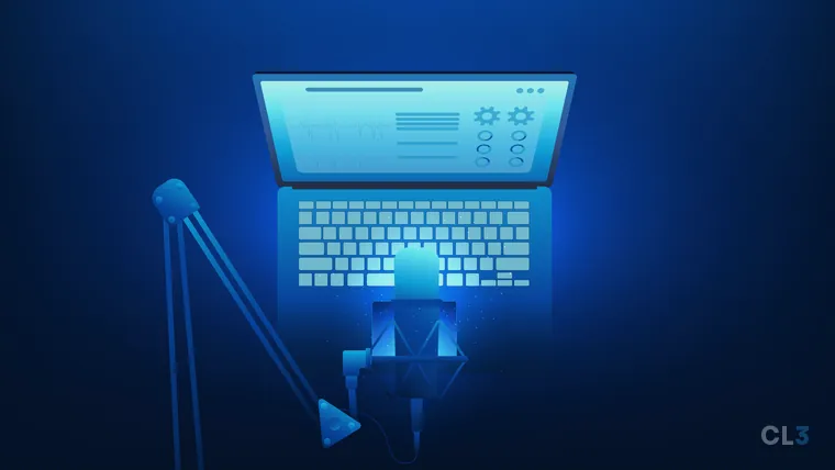 Ilustração em tons de azul de um notebook visto de cima, com um microfone de estúdio em braço articulado à frente e a tela mostrando painéis e gráficos