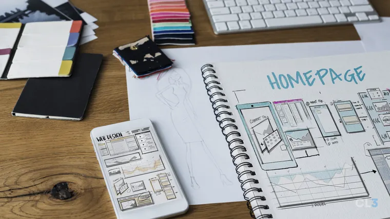 Rascunho de layout de site desenhado à mão sobre a mesa, com notebook ao lado