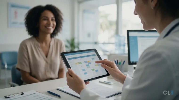 Recepcionista de clínica segurando um tablet com a agenda de horários, e uma cliente sorrindo ao fundo