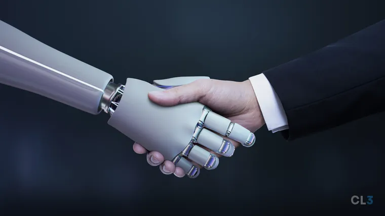 Aperto de mãos entre uma mão humana e uma mão de robô, sobre fundo digital azul