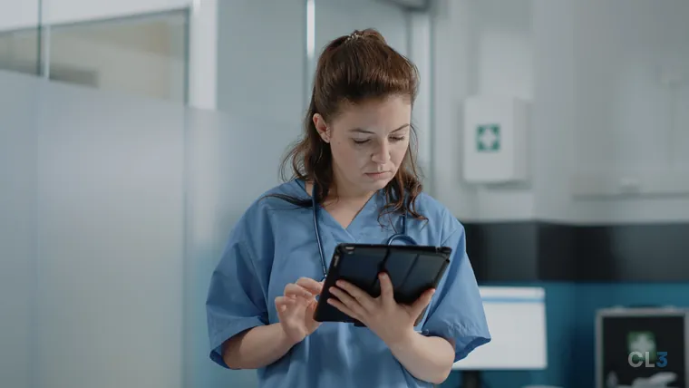 Close da mão de uma assistente de clínica consultando informações em um tablet