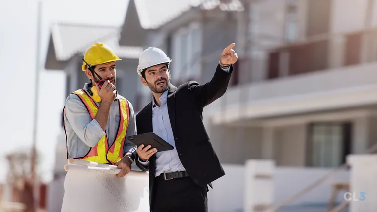 Engenheiro civil e mestre de obras conferindo o projeto em um tablet no canteiro