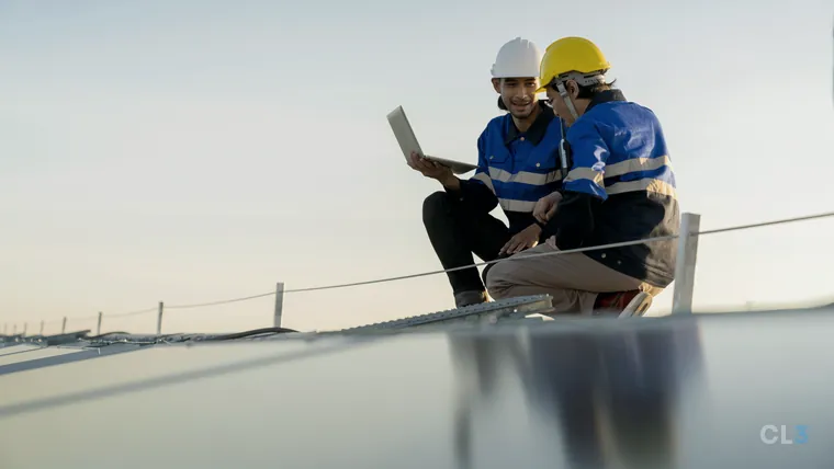 Técnico com notebook conferindo a instalação de painéis solares no telhado de uma fábrica