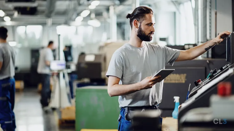 Engenheiro operando uma máquina CNC com um tablet na mão, no chão de fábrica