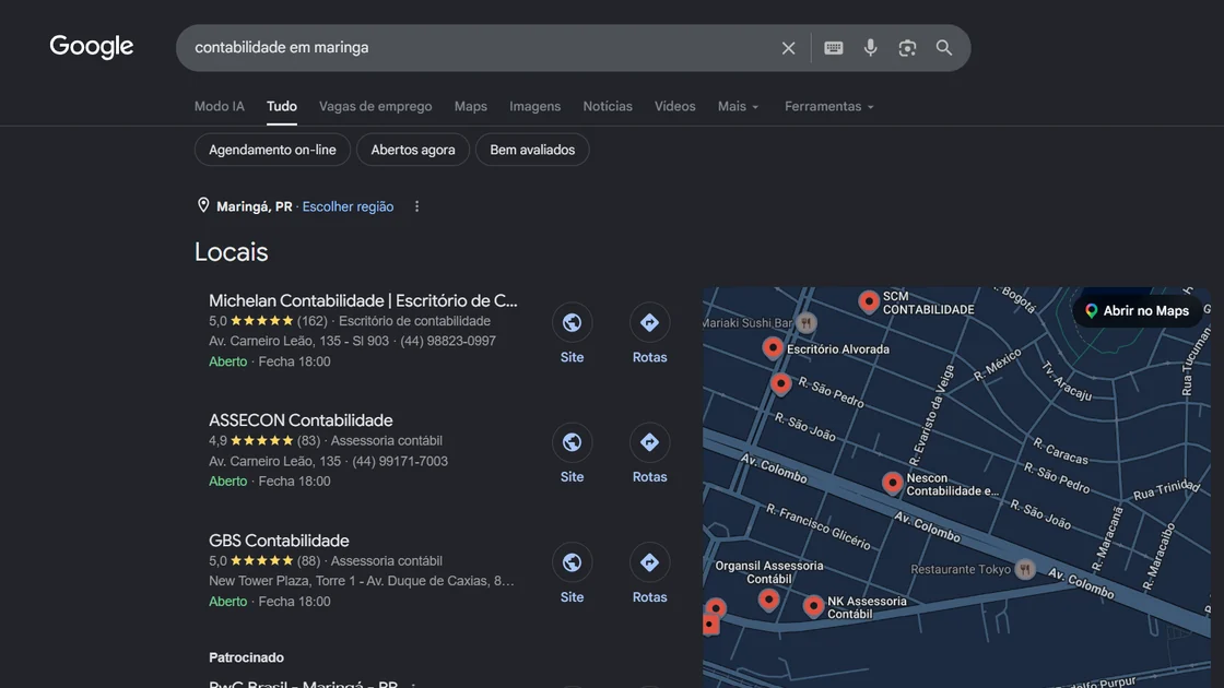 Resultado do Google para a busca contabilidade em maringá, com o bloco Locais listando Michelan Contabilidade, ASSECON Contabilidade e GBS Contabilidade, cada uma com nota, endereço e telefone, e o mapa da cidade ao lado
