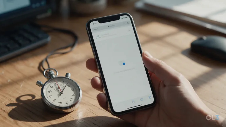 Mão segurando um celular com uma página carregando, ao lado de um cronômetro sobre a mesa
