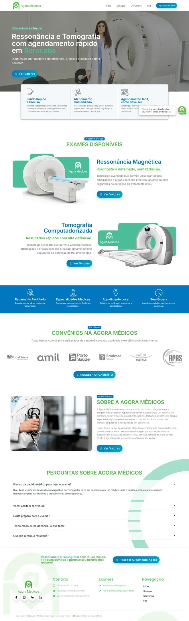 Página inicial do site da clínica Agora Médicos, de exames de imagem