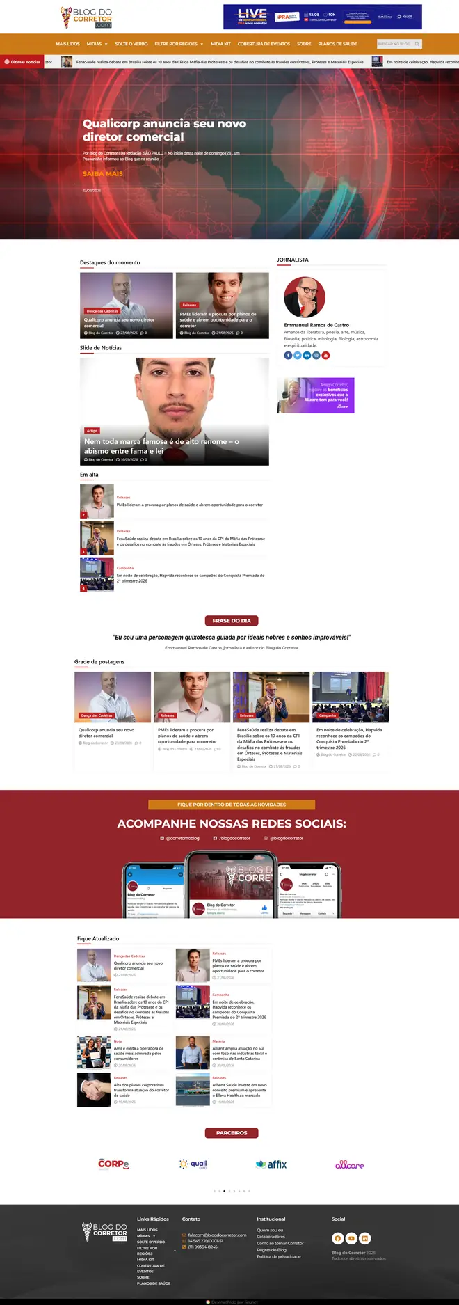 Página inicial do Blog do Corretor, portal de notícias do mercado de planos de saúde