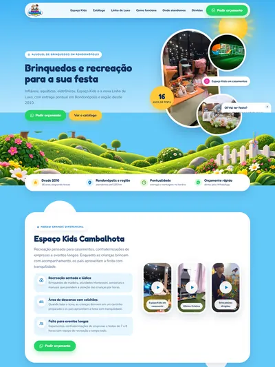 Página inicial do site da Brinquedos Cambalhota, de aluguel de brinquedos e recreação para festas em Rondonópolis
