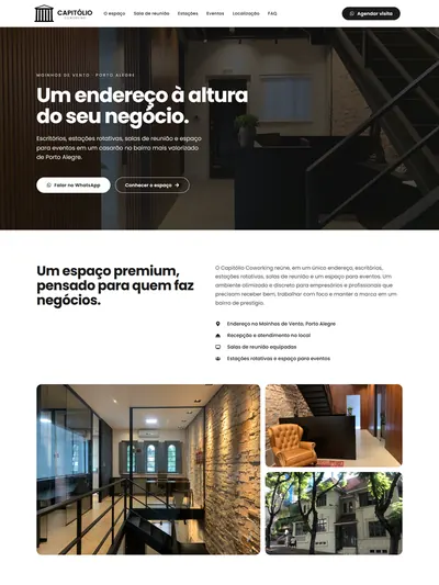 Página inicial do site do Capitólio Coworking, de escritórios, estações e salas de reunião em Porto Alegre