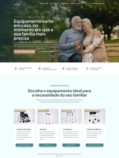 Página inicial do site da Casa do Enfermeiro, de locação de equipamentos hospitalares para usar em casa, em São Paulo
