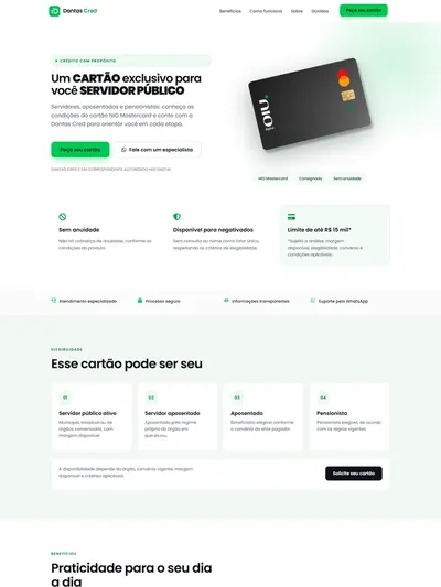 Página inicial do site da Dantas Cred, de cartão de crédito para servidores públicos, aposentados e pensionistas