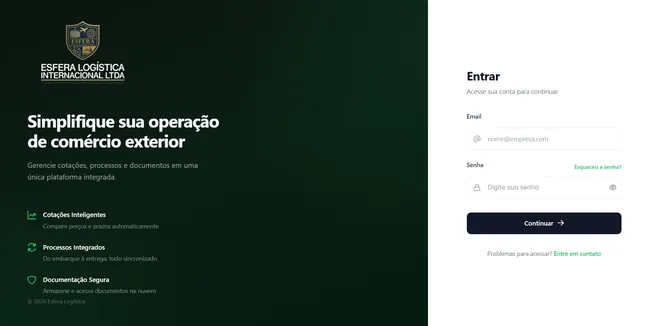 Tela de acesso da plataforma de comércio exterior da Esfera Logística