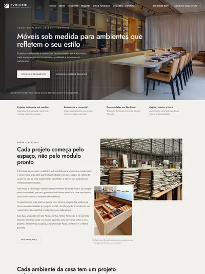 Página inicial do site da Evolusie, de móveis sob medida para projetos residenciais e comerciais em São Paulo