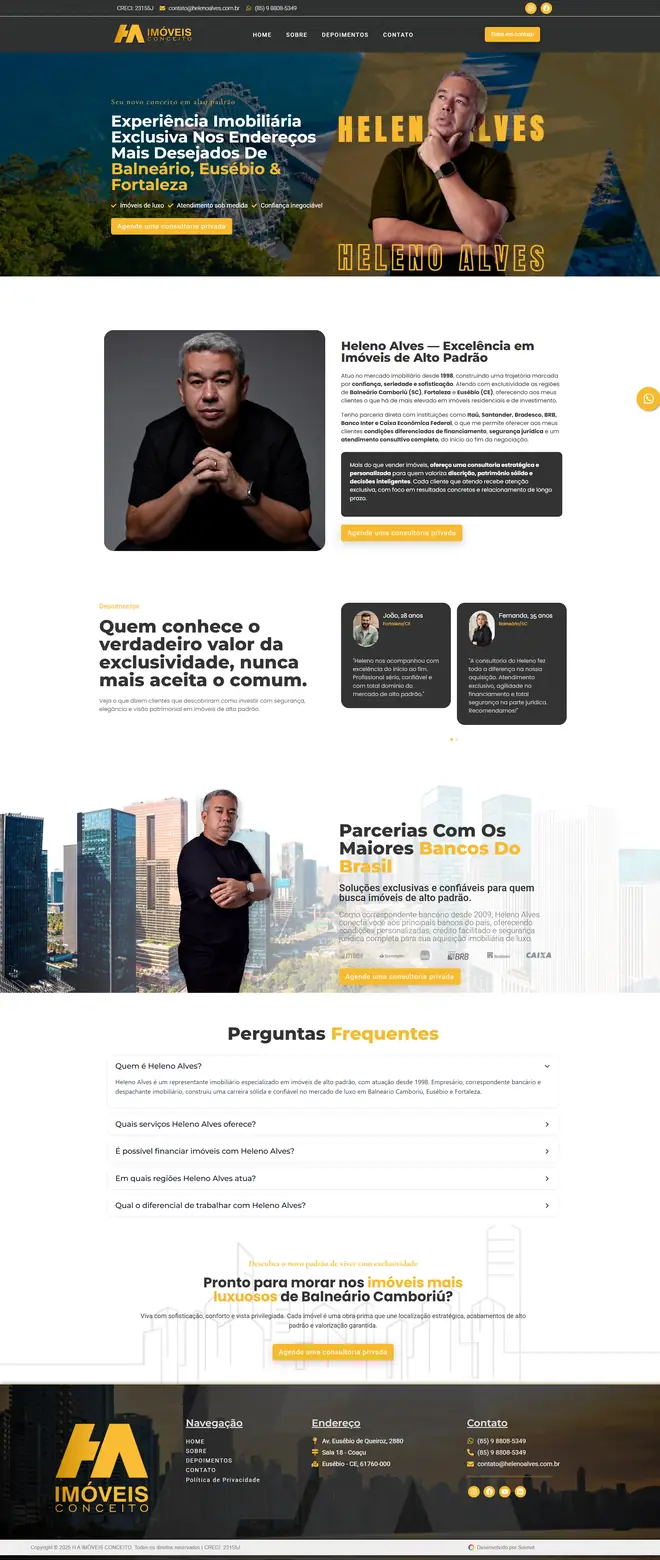 Página inicial do site do corretor Heleno Alves, de imóveis de alto padrão em Balneário Camboriú, Eusébio e Fortaleza