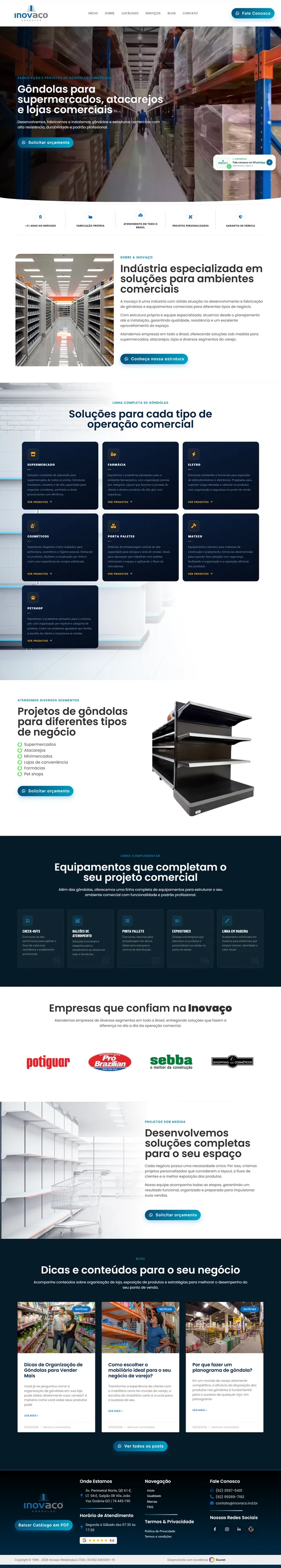 Página inicial do site da Inovaço, indústria de gôndolas para supermercados e lojas