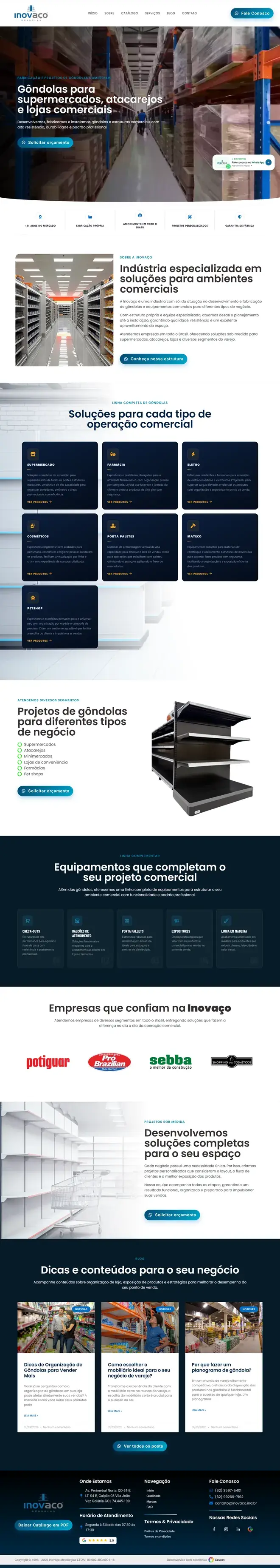 Página inicial do site da Inovaço, indústria de gôndolas para supermercados e lojas