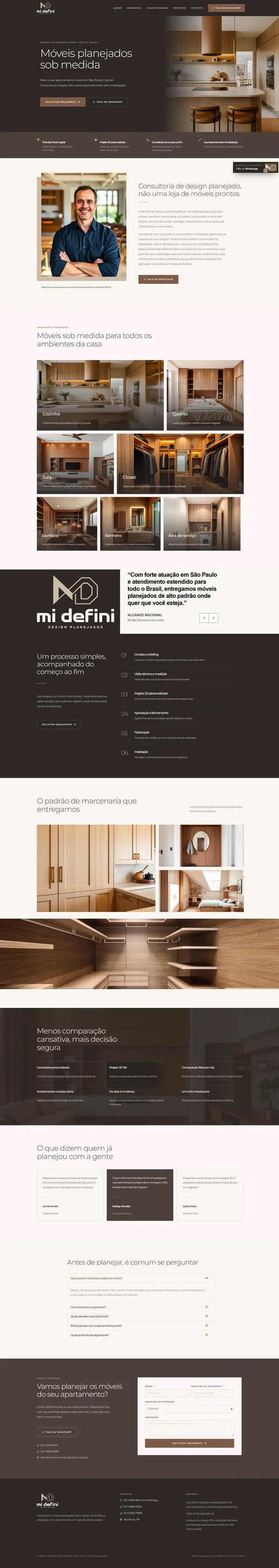 Página inicial do site da Mi Defini, de móveis planejados e design de interiores sob medida em São Paulo