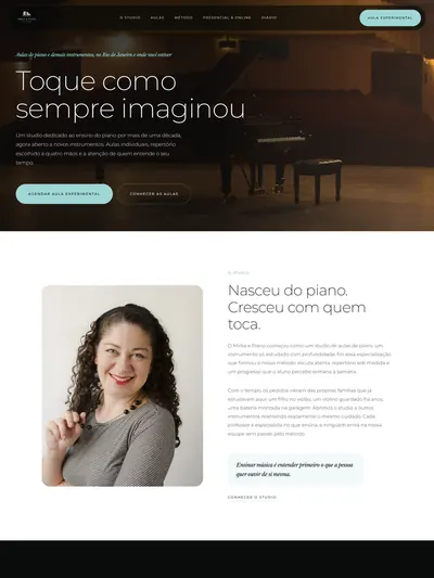 Página inicial do site do studio Mirka & Piano, de aulas de piano e outros instrumentos no Rio de Janeiro