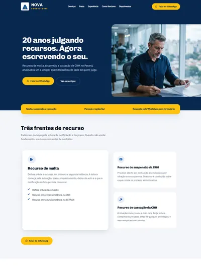 Página inicial do site da Nova Consultoria, de recursos de multa, suspensão e cassação da CNH no Paraná