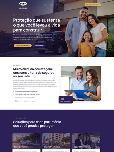 Página inicial do site da PCLV Seguros, de assessoria e consultoria em seguros para pessoa física e jurídica