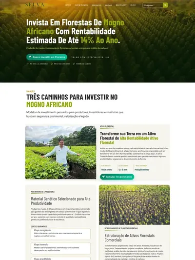 Página inicial do site da Selva Florestal, de investimento em floresta de mogno africano