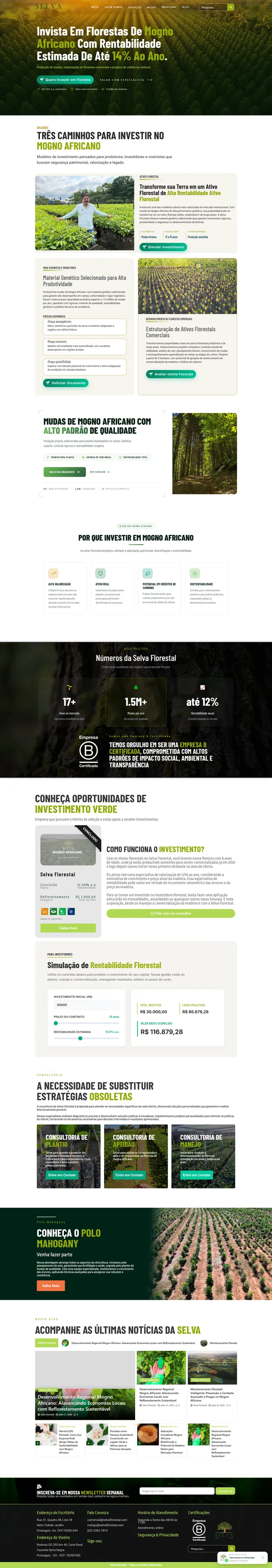 Página inicial do site da Selva Florestal, de investimento em floresta de mogno africano