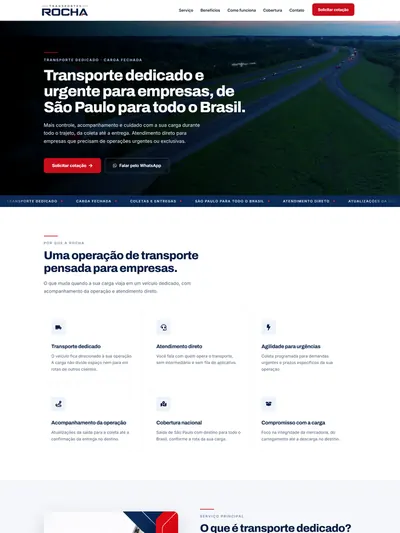Página inicial do site da Transportes Rocha, de transporte dedicado de carga para empresas, de São Paulo para todo o Brasil
